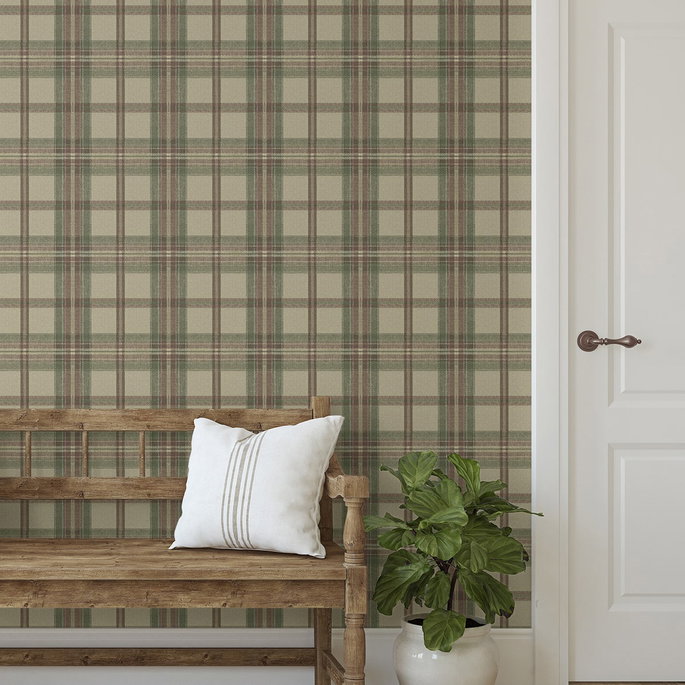 Harry &amp; Grace Peel &amp; Stick Herringbone Plaid Clay &amp; Sage Wallpaper image 2 of 6