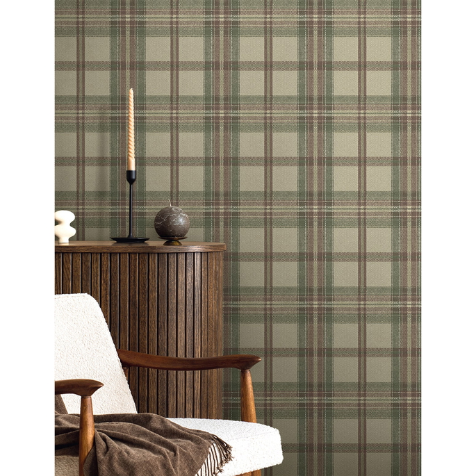 Harry &amp; Grace Peel &amp; Stick Herringbone Plaid Clay &amp; Sage Wallpaper image 3 of 6