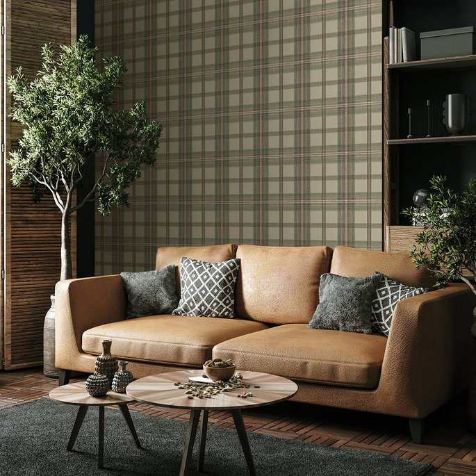 Harry &amp; Grace Peel &amp; Stick Herringbone Plaid Clay &amp; Sage Wallpaper image 4 of 6