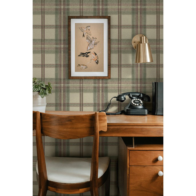 Harry &amp; Grace Peel &amp; Stick Herringbone Plaid Clay &amp; Sage Wallpaper image 5 of 6