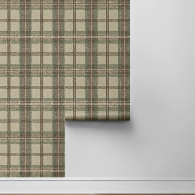 Harry &amp; Grace Peel &amp; Stick Herringbone Plaid Clay &amp; Sage Wallpaper image 6 of 6