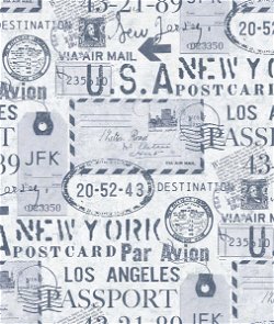 Seabrook Designs Earhart Labels Navy & White Wallpaper
