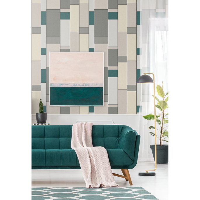 Seabrook Designs De Stijl Geometric Perry Teal &amp; Frosted Petal Wallpaper image 2 of 2