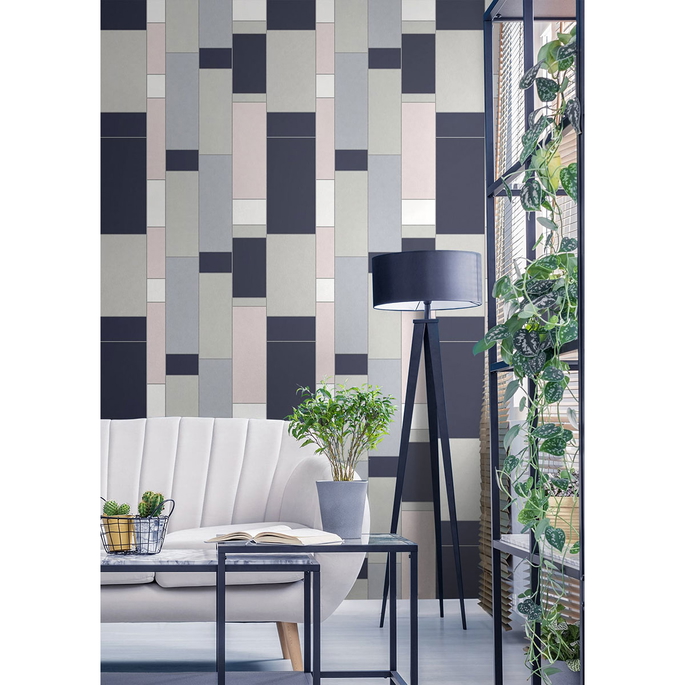 Seabrook Designs De Stijl Geometric Indigo &amp; Metallic Silver Wallpaper image 2 of 2