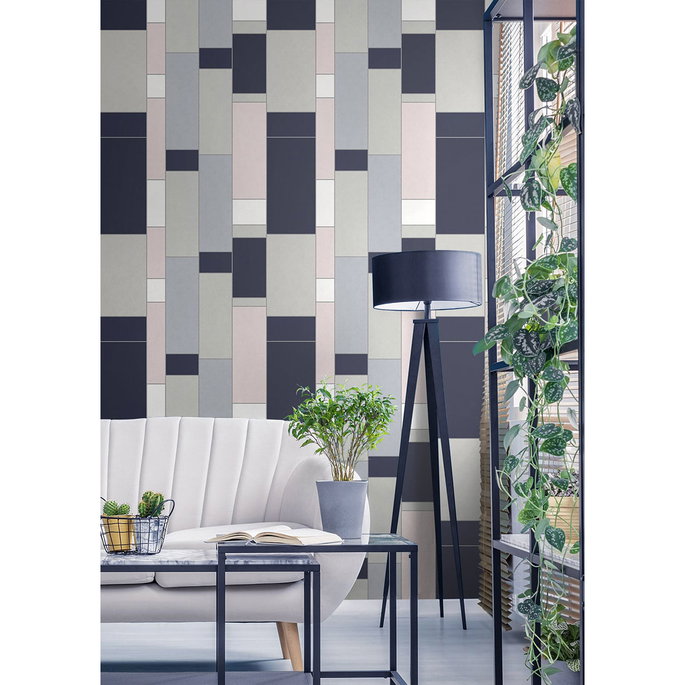 Seabrook Designs De Stijl Geometric Indigo &amp; Metallic Silver Wallpaper image 2 of 2