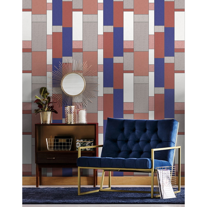 Seabrook Designs De Stijl Geometric Cobalt &amp; Red Brick Wallpaper image 2 of 2