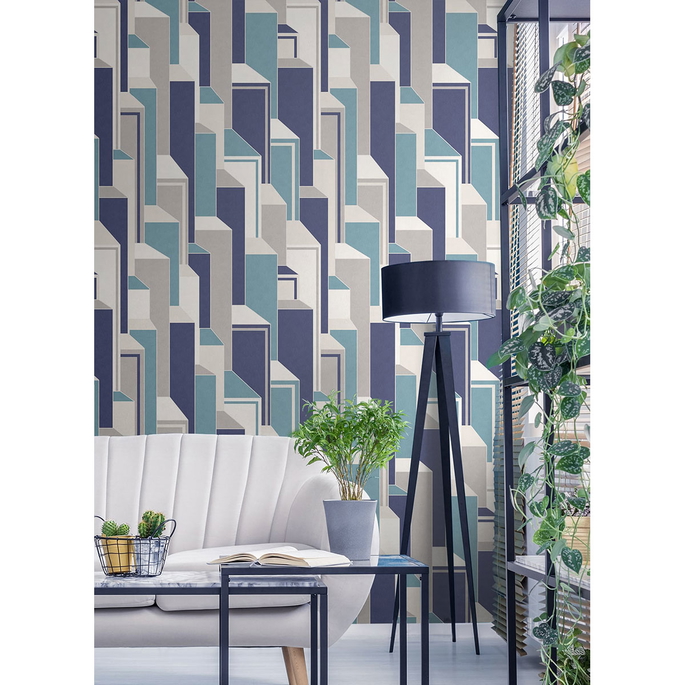 Seabrook Designs Deco Geometric Perry Teal &amp; Indigo Wallpaper image 2 of 3