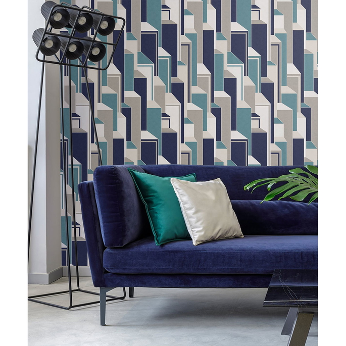Seabrook Designs Deco Geometric Perry Teal &amp; Indigo Wallpaper image 3 of 3