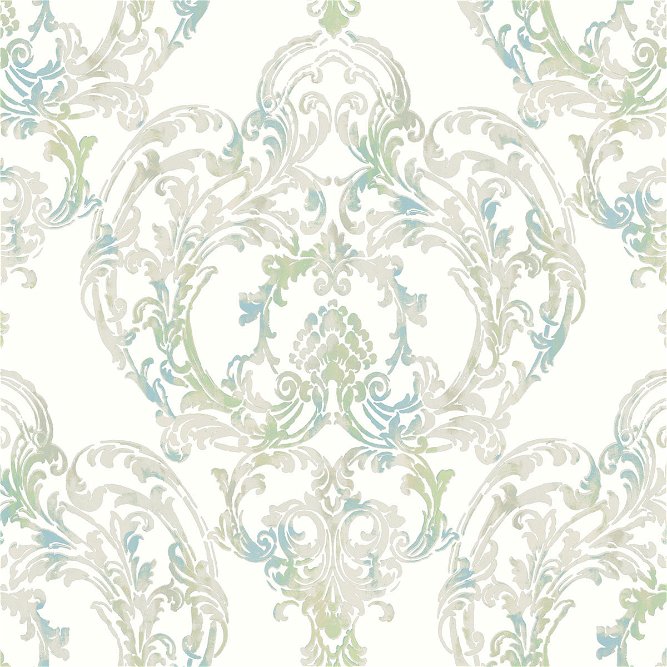 Seabrook Designs Roxen Damask Off-White &amp; Turquoise Wallpaper