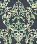 Seabrook Designs Roxen Damask Navy & Mint Wallpaper
