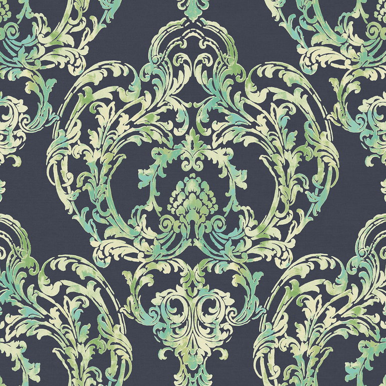 Seabrook Designs Roxen Damask Navy &amp; Mint Wallpaper