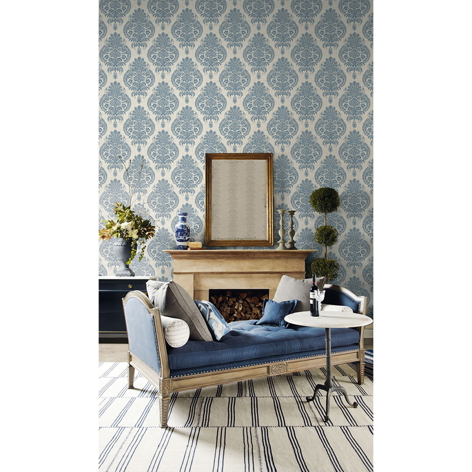 Lillian August Antigua Damask Air Force Blue &amp; Alabaster Wallpaper image 2 of 2