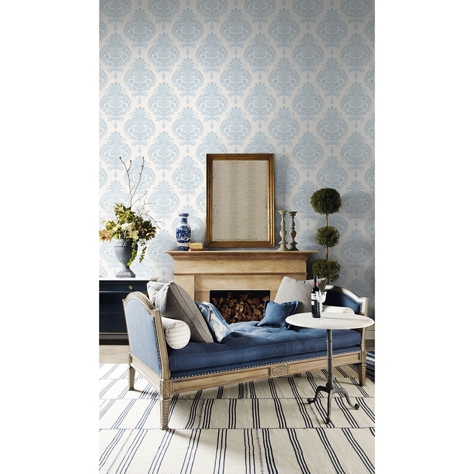 Lillian August Antigua Damask Blue Frost &amp; Bone White Wallpaper image 2 of 2