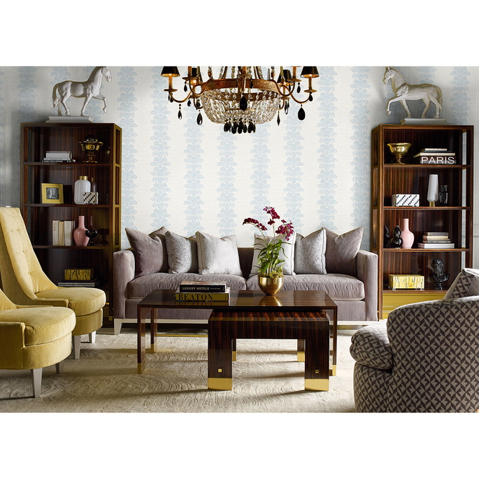 Lillian August Palm Frond Stripe Stringcloth Blue Frost &amp; Bone White Wallpaper image 2 of 2