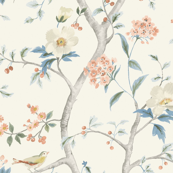 Lillian August Southport Floral Trail Eggshell/Melon/Carolina Blue Wallpaper image 1 of 2