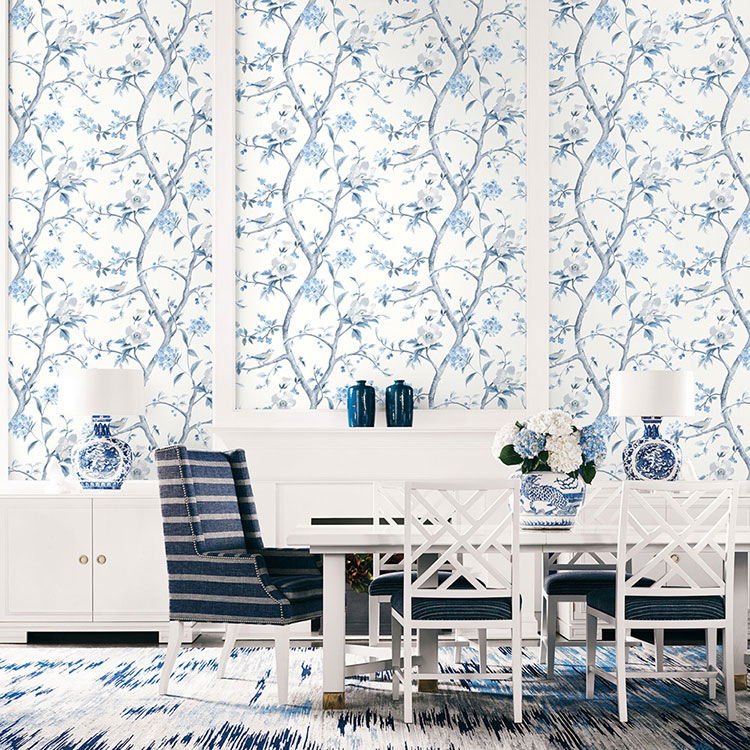 Lillian August Southport Floral Trail Eggshell & Blue Shale Wallpaper