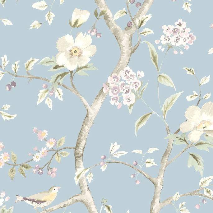 Lillian August Southport Floral Trail Sky Blue &amp; Arrowroot Wallpaper image 1 of 2