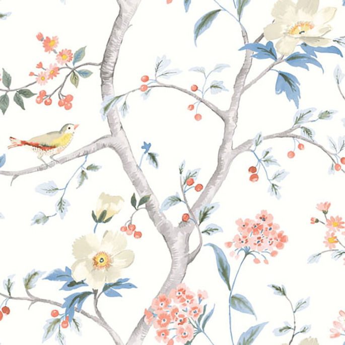 Lillian August Southport Floral Trail Eggshell/Melon/Carolina Blue Fabric image 1 of 2