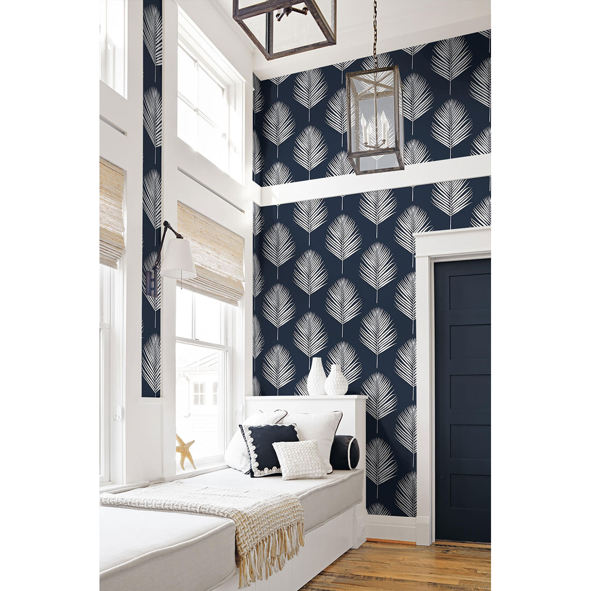 Lillian August Peel & Stick Maui Palm Midnight Blue & White Wallpaper