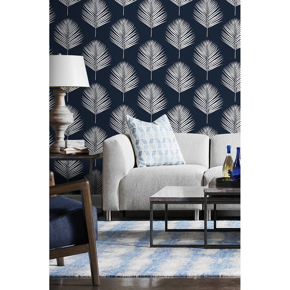 Lillian August Peel & Stick Maui Palm Midnight Blue & White Wallpaper