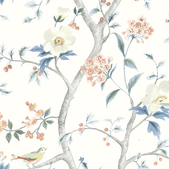 Lillian August Peel &amp; Stick Floral Trail Melon &amp; Carolina Blue Wallpaper image 1 of 4