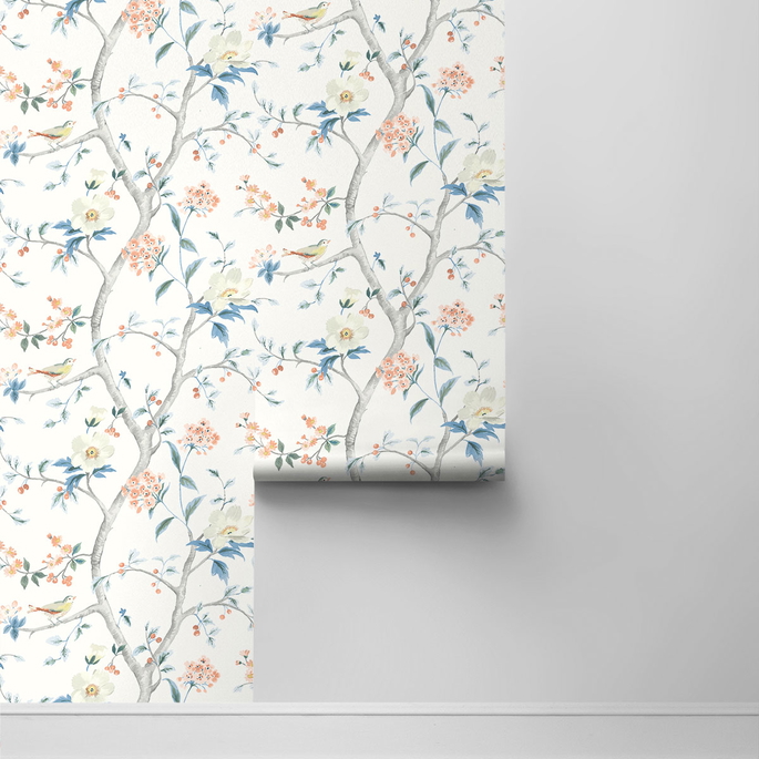 Lillian August Peel &amp; Stick Floral Trail Melon &amp; Carolina Blue Wallpaper image 2 of 4