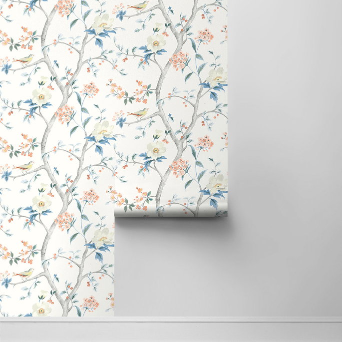 Lillian August Peel &amp; Stick Floral Trail Melon &amp; Carolina Blue Wallpaper image 2 of 4