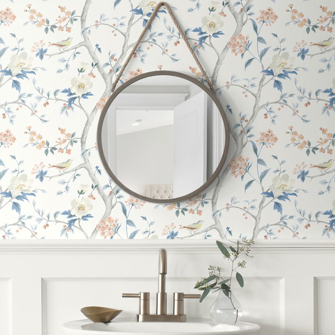 Lillian August Peel &amp; Stick Floral Trail Melon &amp; Carolina Blue Wallpaper image 3 of 4