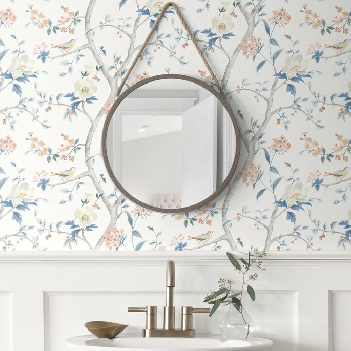 Lillian August Peel &amp; Stick Floral Trail Melon &amp; Carolina Blue Wallpaper image 3 of 4