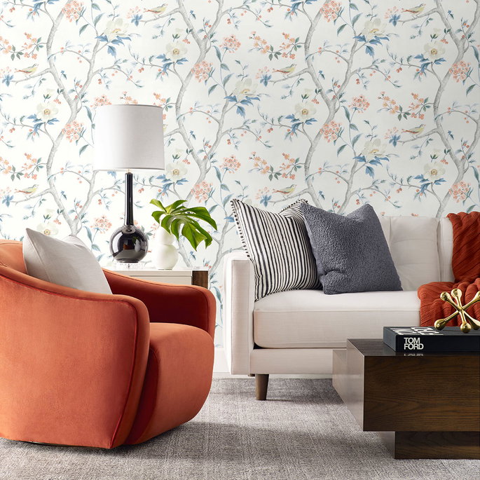 Lillian August Peel &amp; Stick Floral Trail Melon &amp; Carolina Blue Wallpaper image 4 of 4
