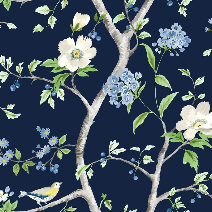Lillian August Peel &amp; Stick Floral Trail Navy Blue &amp; Spring Green Wallpaper image 1 of 4