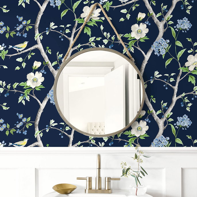 Lillian August Peel &amp; Stick Floral Trail Navy Blue &amp; Spring Green Wallpaper image 3 of 4