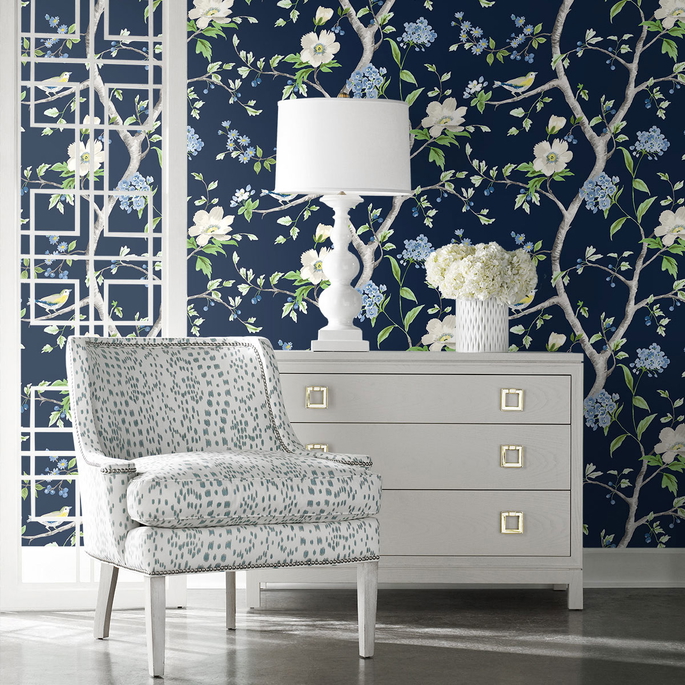 Lillian August Peel &amp; Stick Floral Trail Navy Blue &amp; Spring Green Wallpaper image 4 of 4