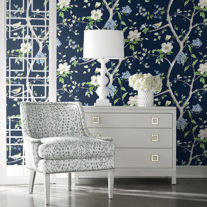 Lillian August Peel &amp; Stick Floral Trail Navy Blue &amp; Spring Green Wallpaper image 4 of 4