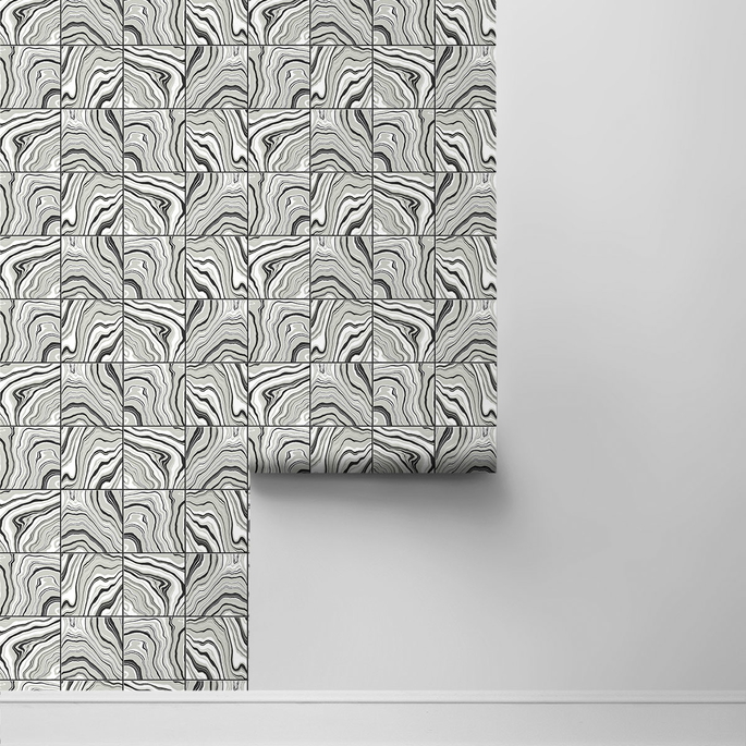 Lillian August Peel &amp; Stick Marbled Tile Ebony &amp; Metallic Silver Wallpaper image 2 of 4