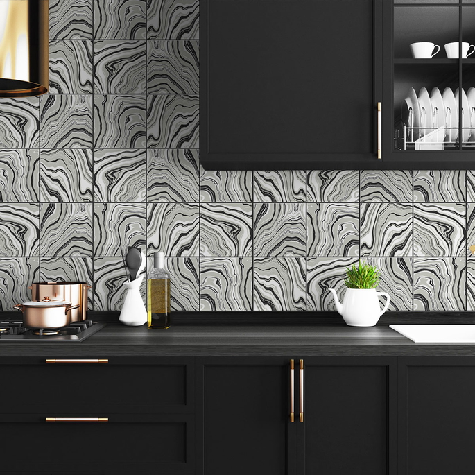 Lillian August Peel &amp; Stick Marbled Tile Ebony &amp; Metallic Silver Wallpaper image 3 of 4