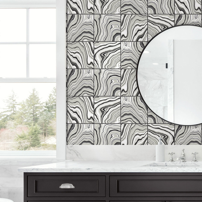 Lillian August Peel &amp; Stick Marbled Tile Ebony &amp; Metallic Silver Wallpaper image 4 of 4