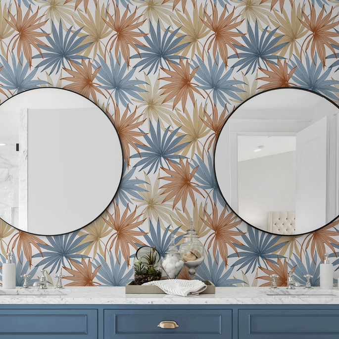 Lillian August Peel &amp; Stick Tropic Palm Toss Charlotte Blue &amp; Soft Melon Wallpaper image 4 of 4