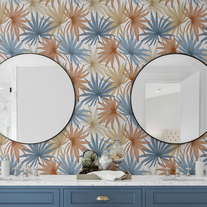 Lillian August Peel &amp; Stick Tropic Palm Toss Charlotte Blue &amp; Soft Melon Wallpaper image 4 of 4