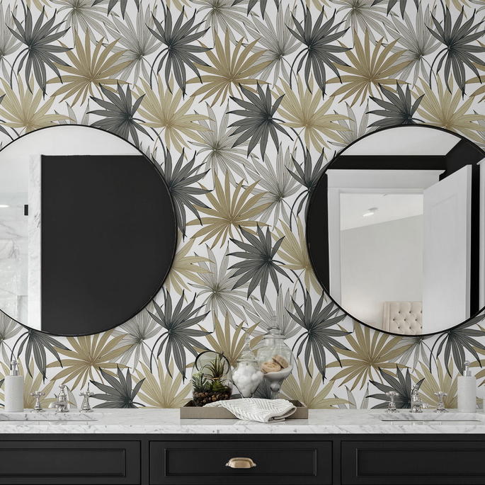 Lillian August Peel &amp; Stick Tropic Palm Toss Harbor Grey &amp; Khaki Wallpaper image 4 of 4