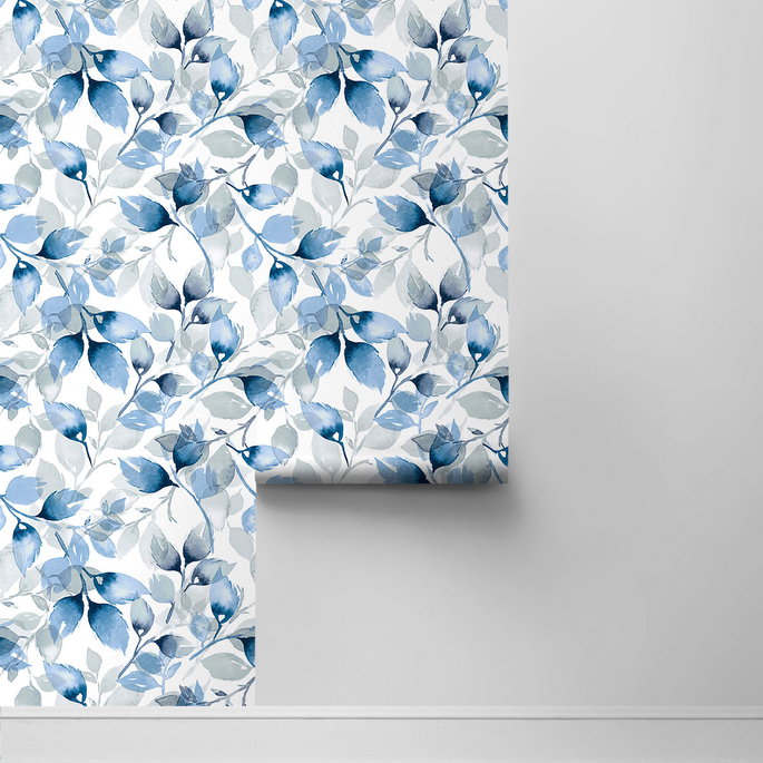 Lillian August Peel &amp; Stick Watercolor Tossed Leaves Blue Lagoon Wallpaper image 2 of 4