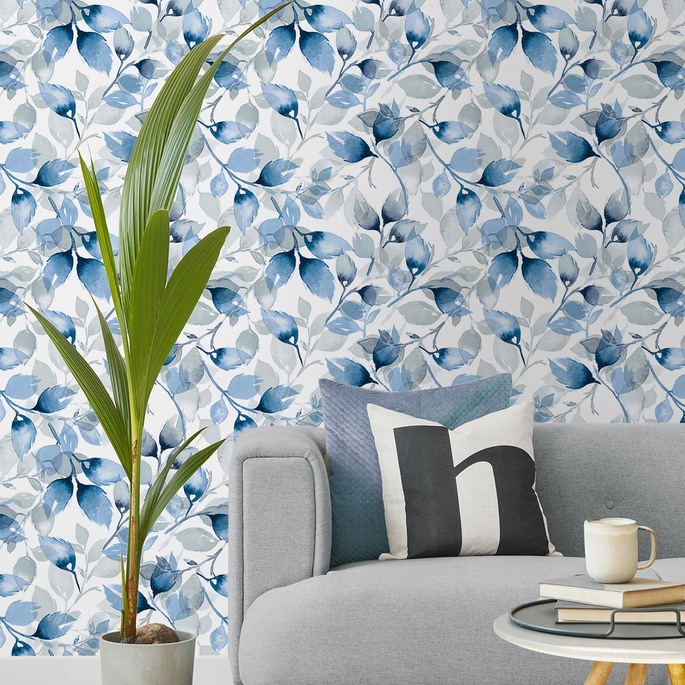 Lillian August Peel &amp; Stick Watercolor Tossed Leaves Blue Lagoon Wallpaper image 3 of 4