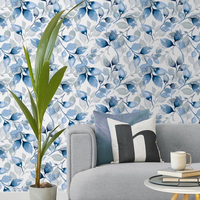 Lillian August Peel &amp; Stick Watercolor Tossed Leaves Blue Lagoon Wallpaper image 3 of 4