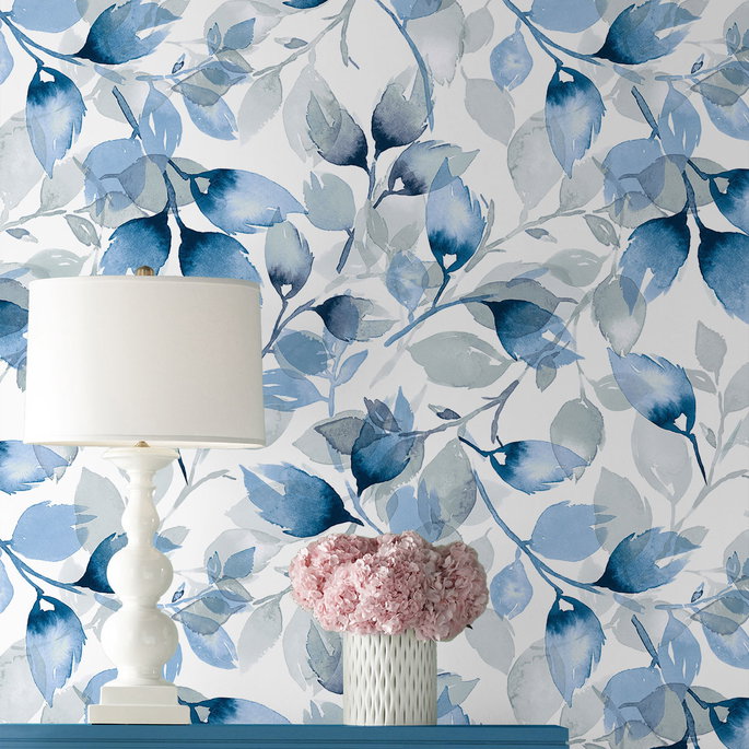 Lillian August Peel &amp; Stick Watercolor Tossed Leaves Blue Lagoon Wallpaper image 4 of 4
