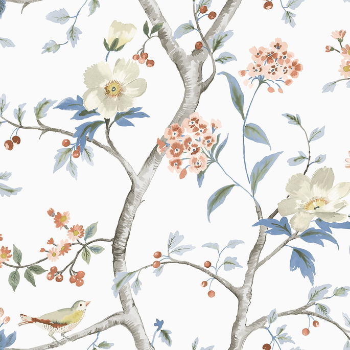 Lillian August Sparrow Haven Melon &amp; Carolina Blue Wallpaper image 1 of 3