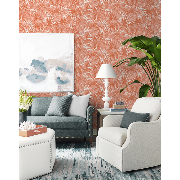 Lillian August Cordelia Tossed Palms Coral Wallpaper image 2 of 4