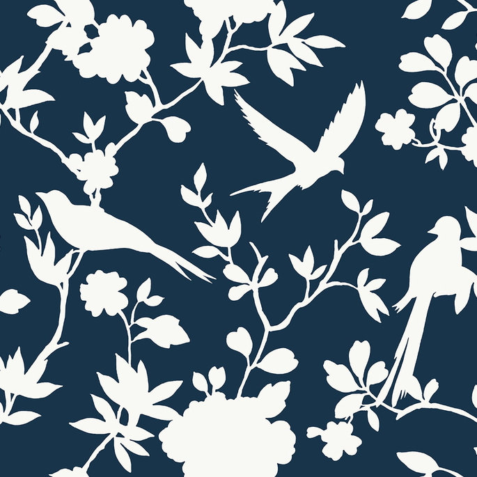 Lillian August Kauai Bird Toile Denim Blue Wallpaper image 1 of 2