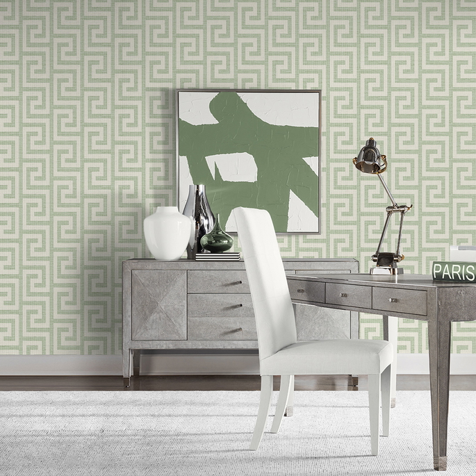 Lillian August Luna Retreat Greek Key Green Ivy Wallpaper image 2 of 4