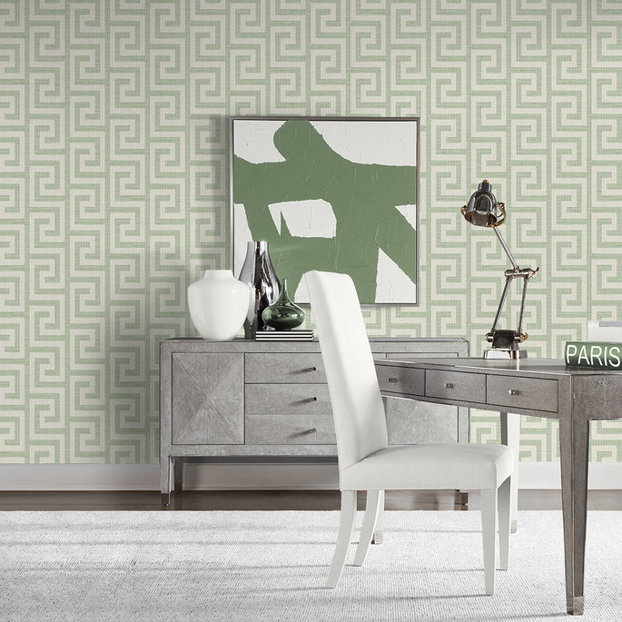 Lillian August Luna Retreat Greek Key Green Ivy Wallpaper image 2 of 4