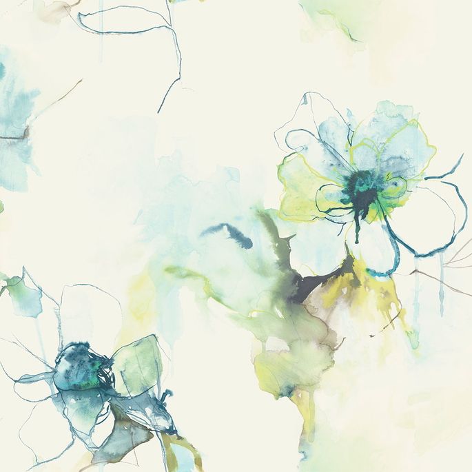 Seabrook Designs Anemone Watercolor Floral Glacier Blue &amp; Pear Wallpaper image 1 of 2